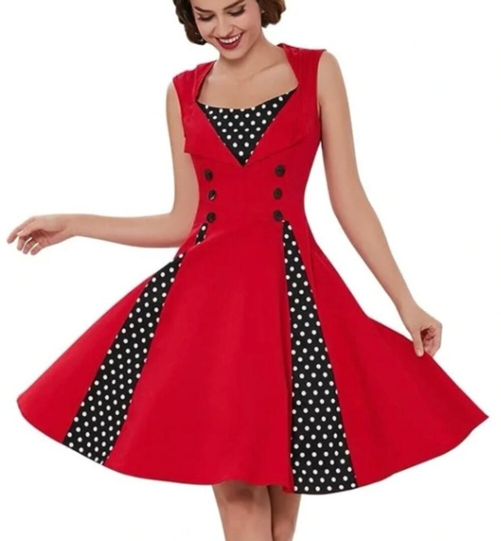Polka Dot Retro Vintage Style Swing Dress Red Medium